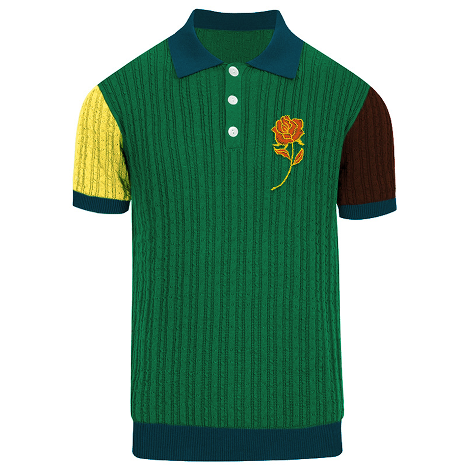 Men's green patchwork vintage knit polo shirt