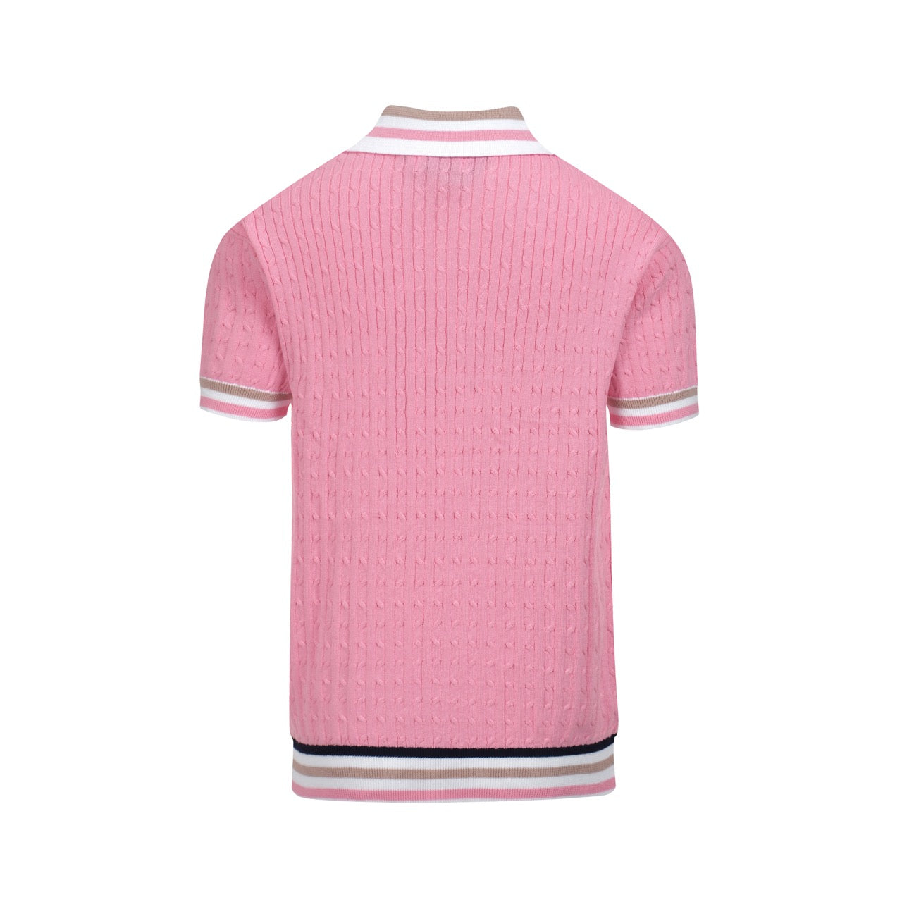 Men's pink vintage striped knit V-neck polo shirt