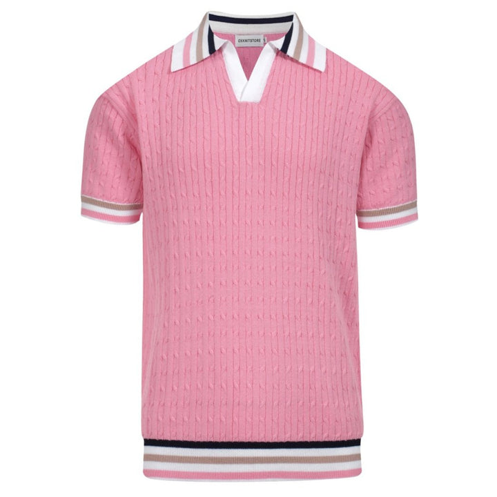 Men's pink vintage striped knit V-neck polo shirt