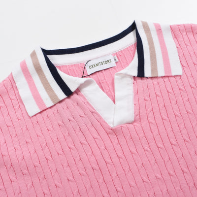 Men's pink vintage striped knit V-neck polo shirt