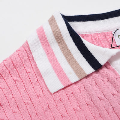 Men's pink vintage striped knit V-neck polo shirt