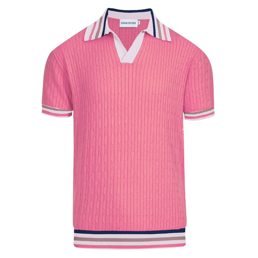 Men's pink vintage striped knit V-neck polo shirt