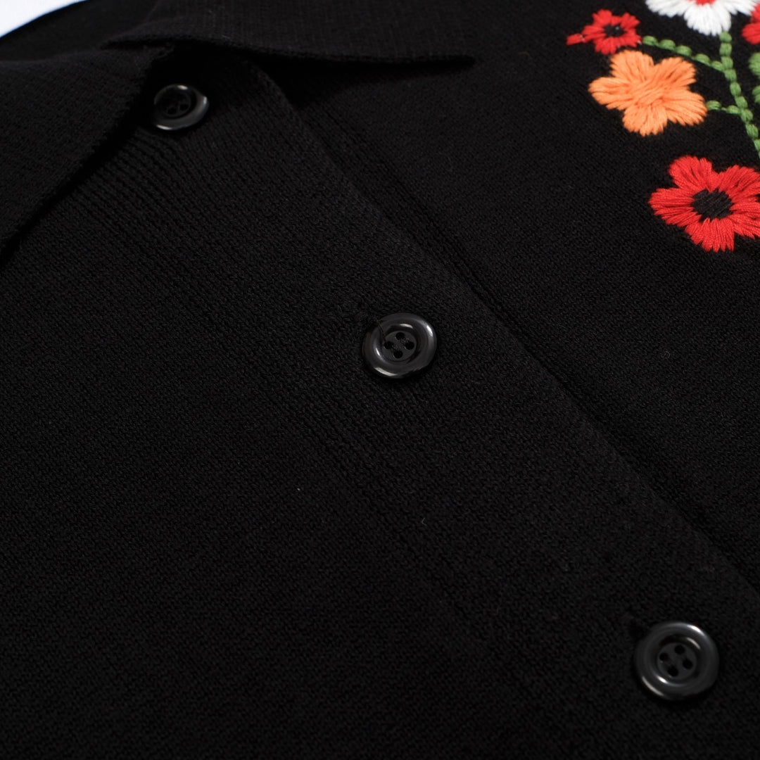 Women's black vintage embroidered floral cardigan top