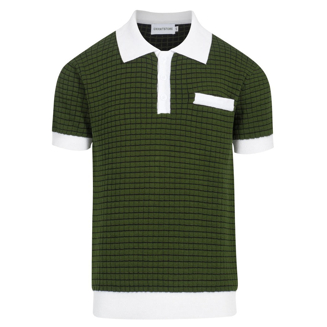 Men's vintage green plaid textured knit polo shirt