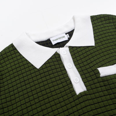 Men's vintage green plaid textured knit polo shirt