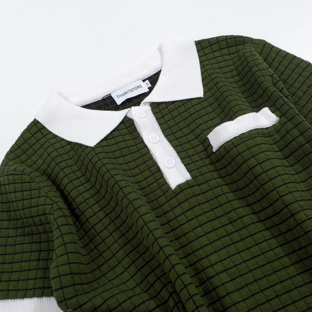 Men's vintage green plaid textured knit polo shirt