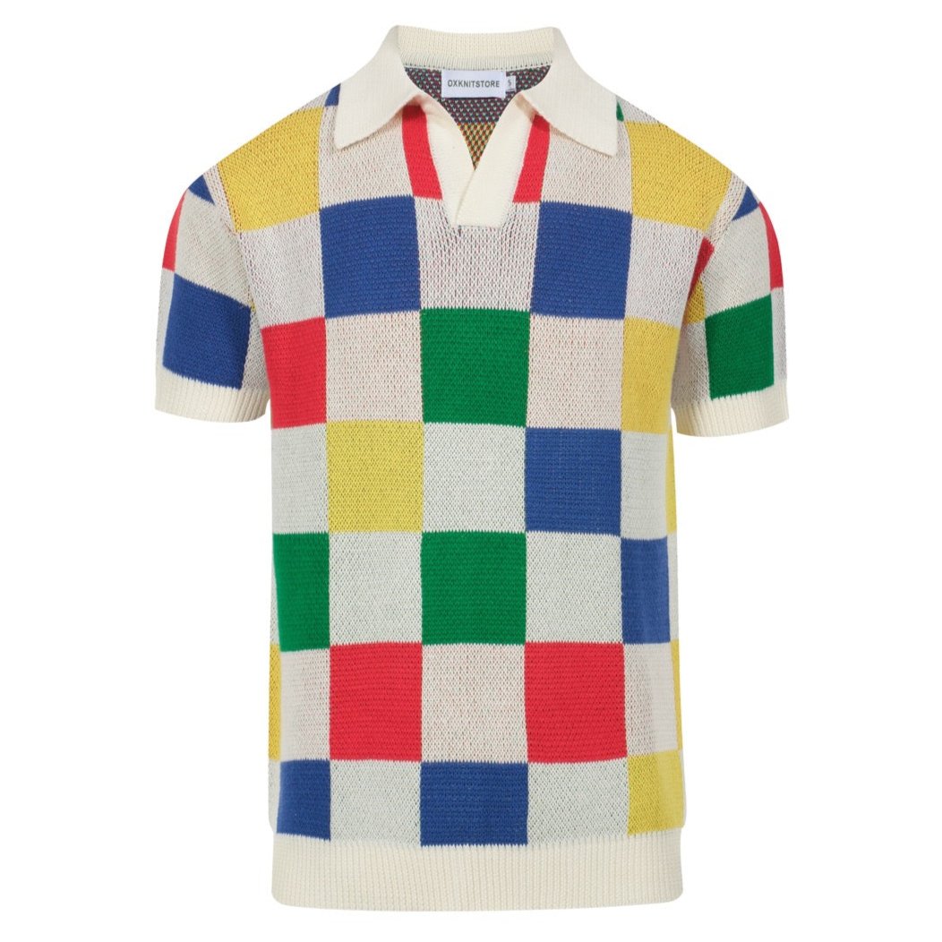 Men's multicolor plaid jacquard knit V-neck polo shirt