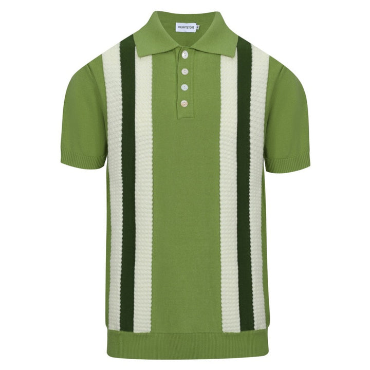 Men's Green Knitted Polo With Off White Jacquard Panel Stripe