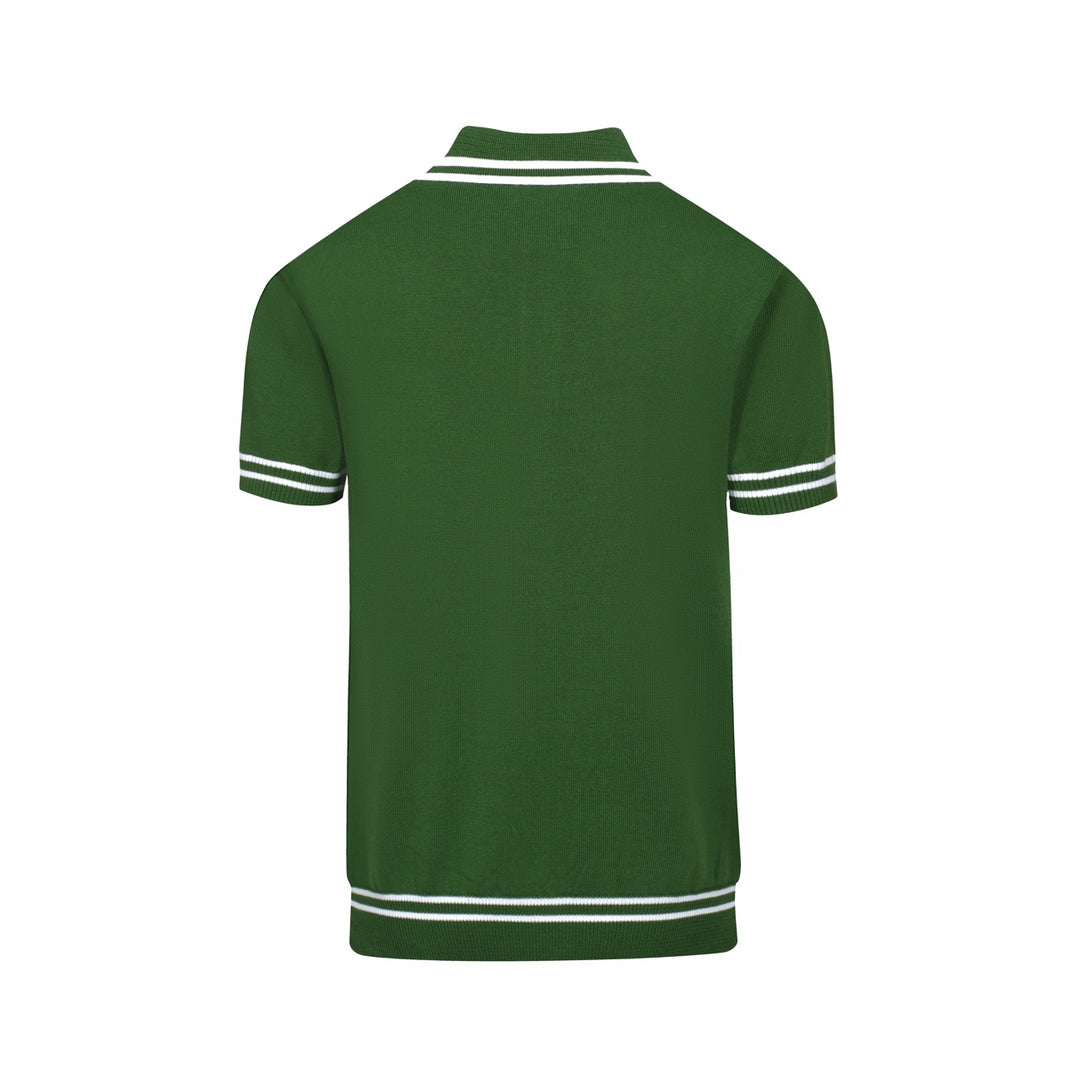 Men's Dark Green Knit Polo With Double White Stripe Neck