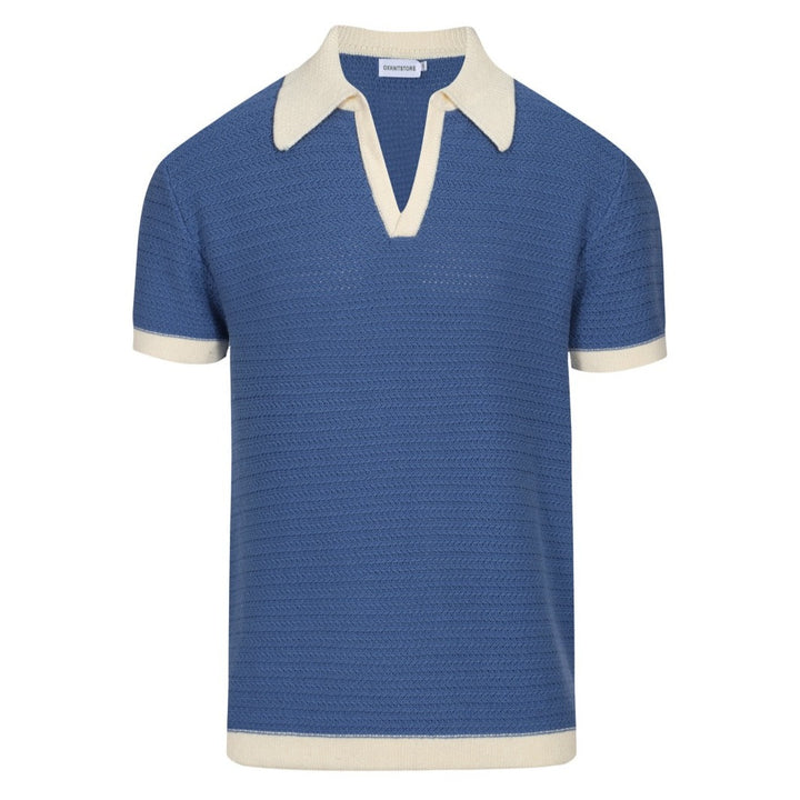 Men's Blue Knitted Polo Off White V-Neck