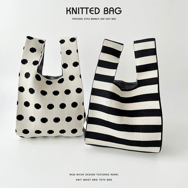 Polka dot striped knitted shoulder bag