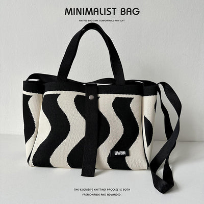 Black and white diamond knitted tote bag