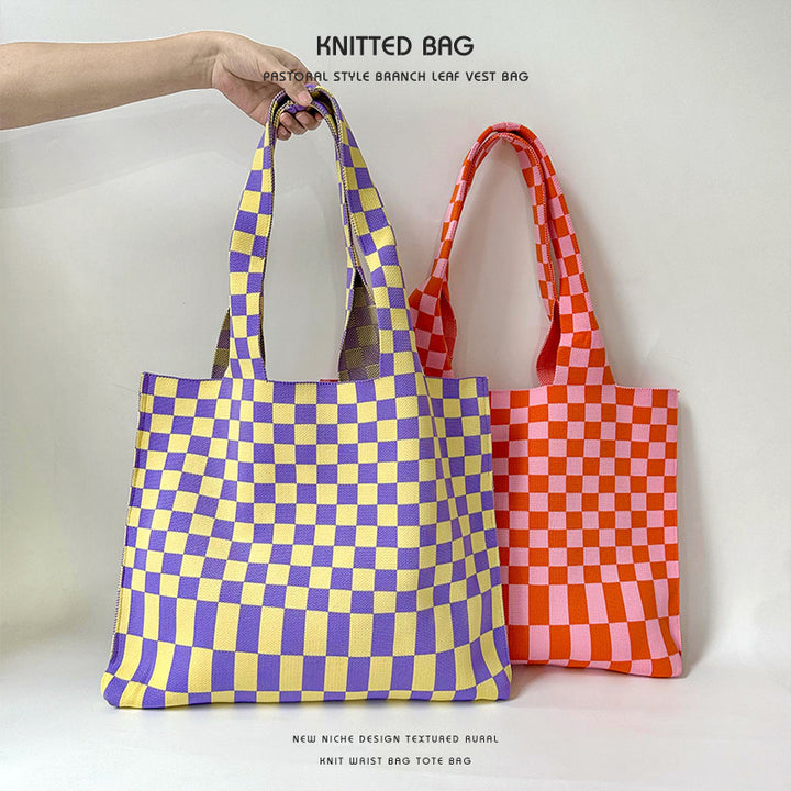 Checkerboard knitted tote bag