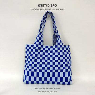 Checkerboard knitted tote bag