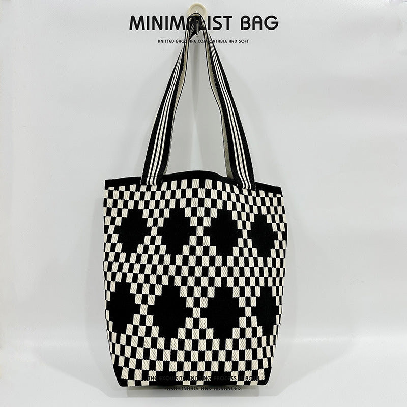 Diamond lattice large capacity shoulder bag handbag knitted bag