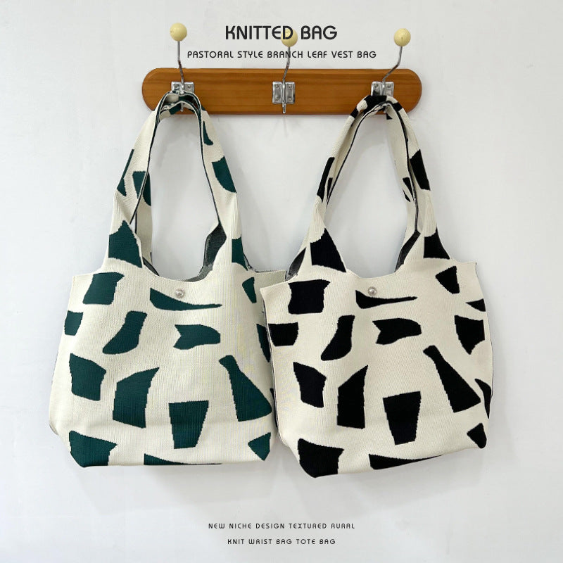 Vintage Pattern Knit Shoulder Tote