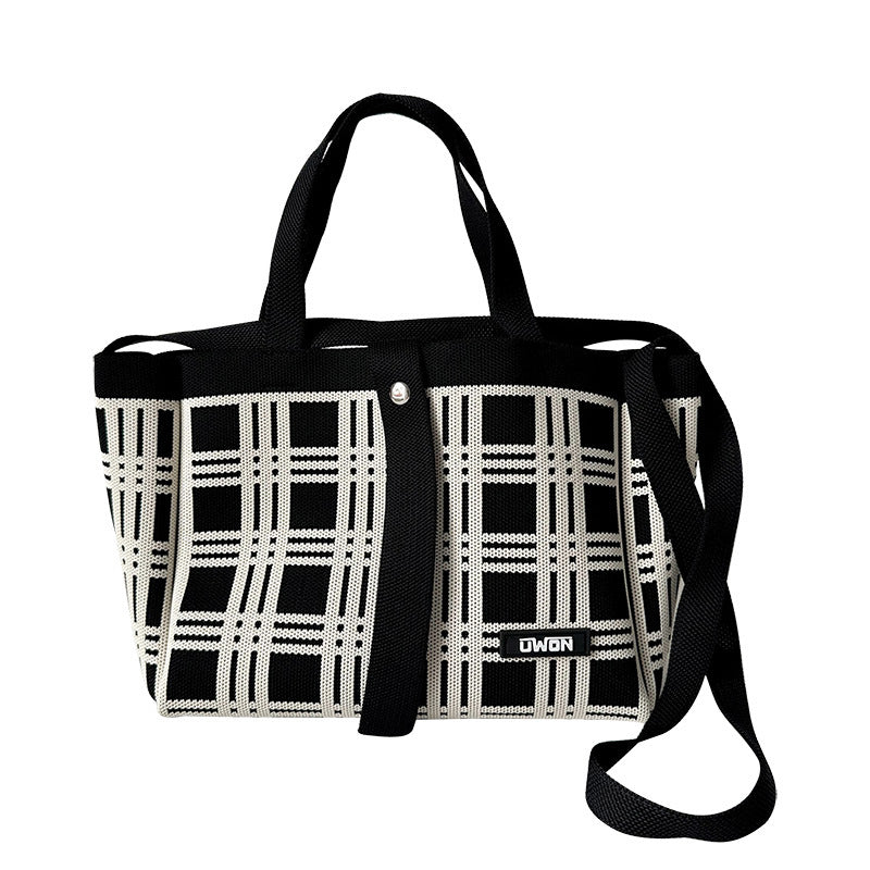 Black and white diamond knitted tote bag