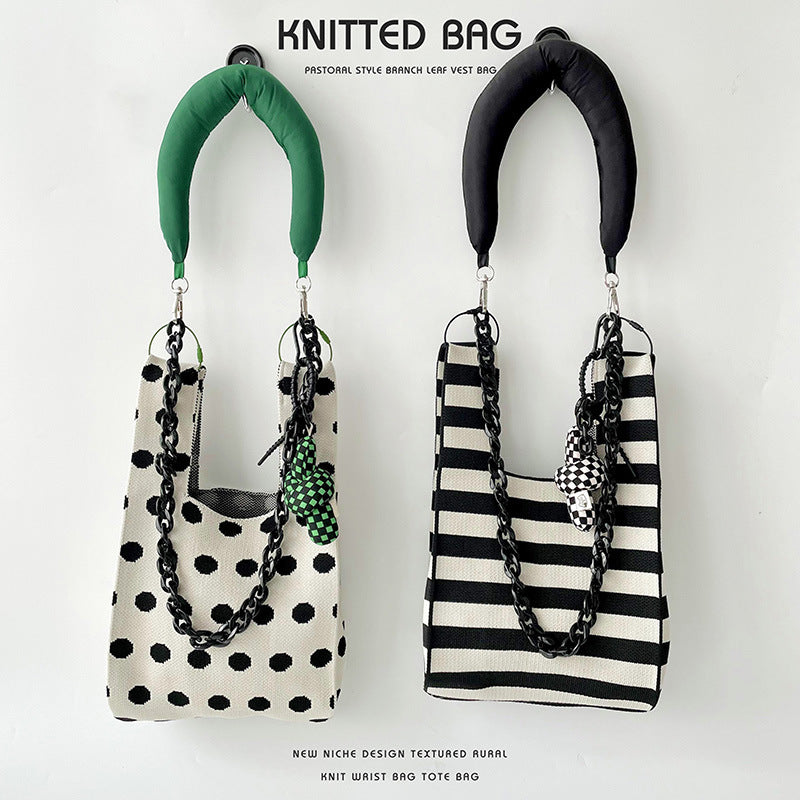 Polka dot striped knitted shoulder bag