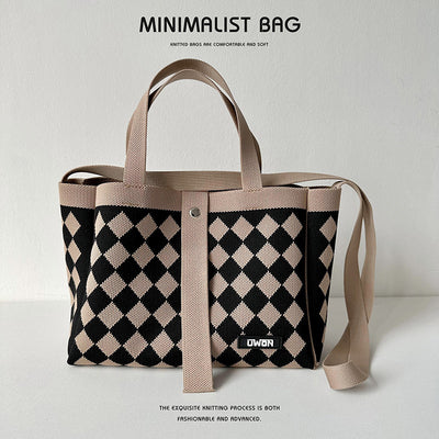 Black and white diamond knitted tote bag