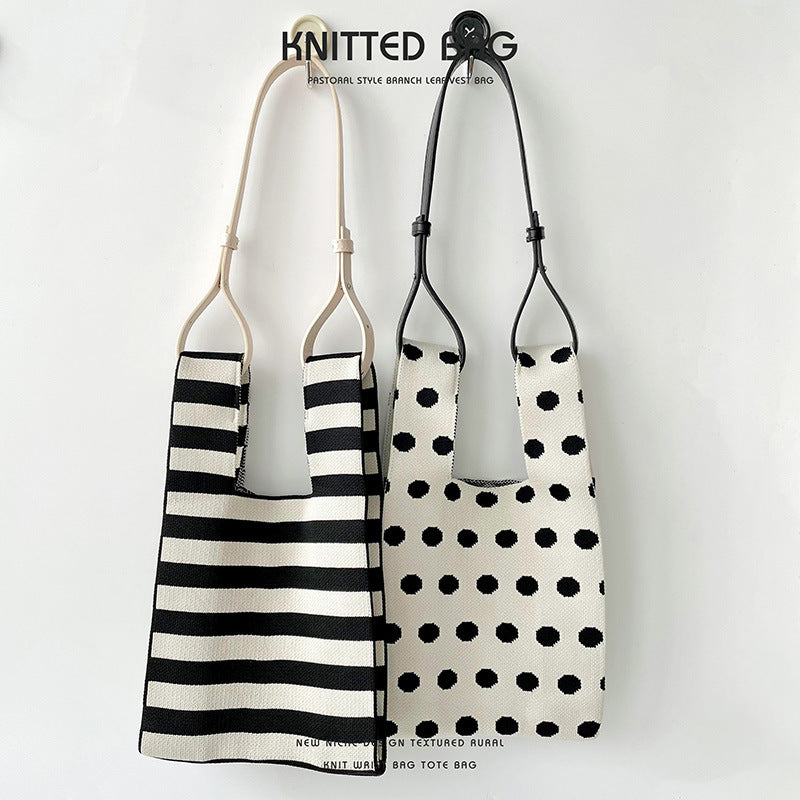 Polka dot striped knitted shoulder bag