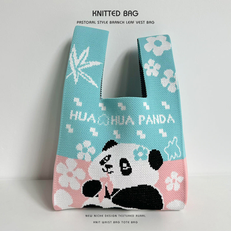 Panda wrist bag handbag cute panda flower knitted bag