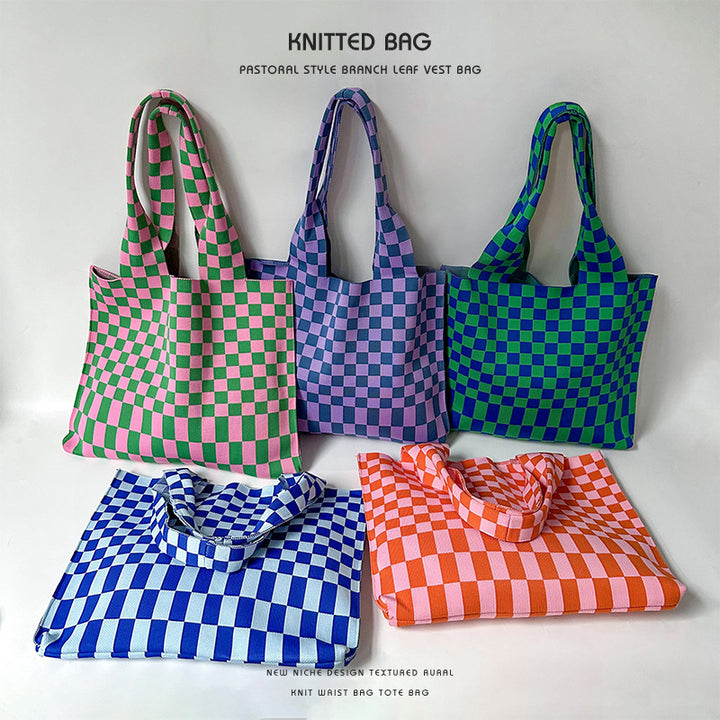 Checkerboard knitted tote bag