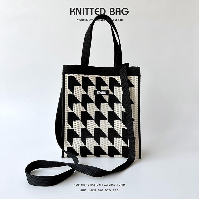 Black and white houndstooth knit tote