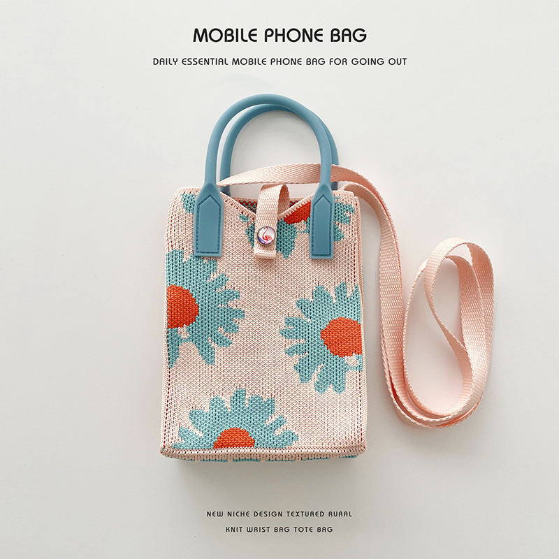 Pink Heart Shape Mini Phone Bag Knit Tote