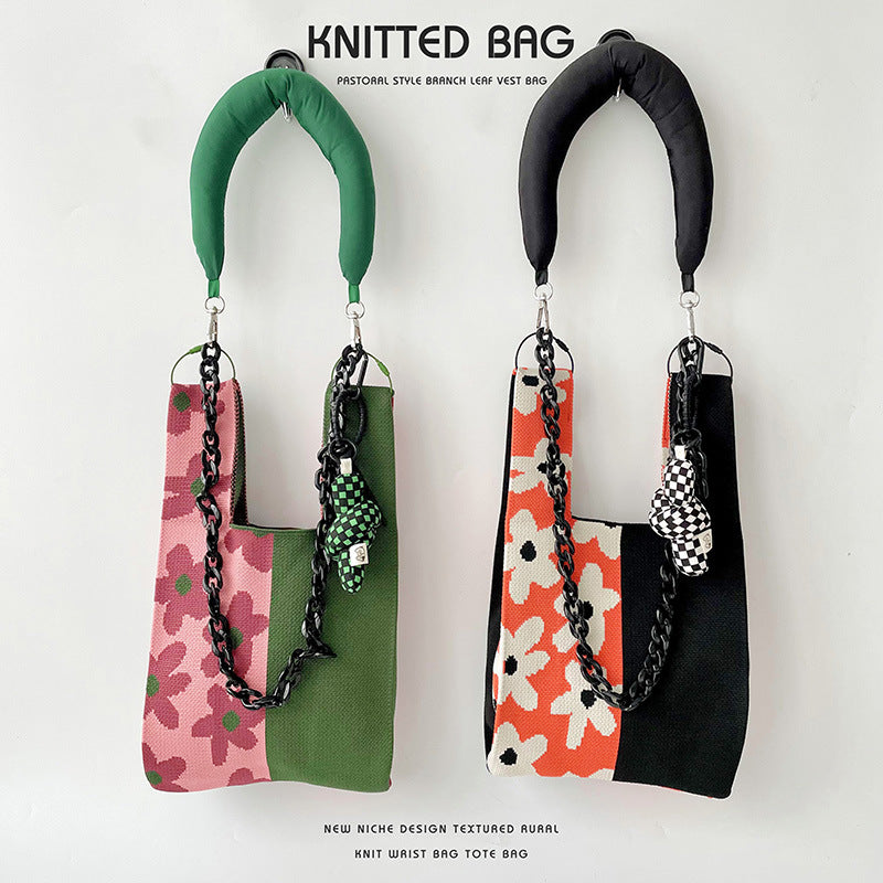 Colorblock Floral Knitted Tote Bag