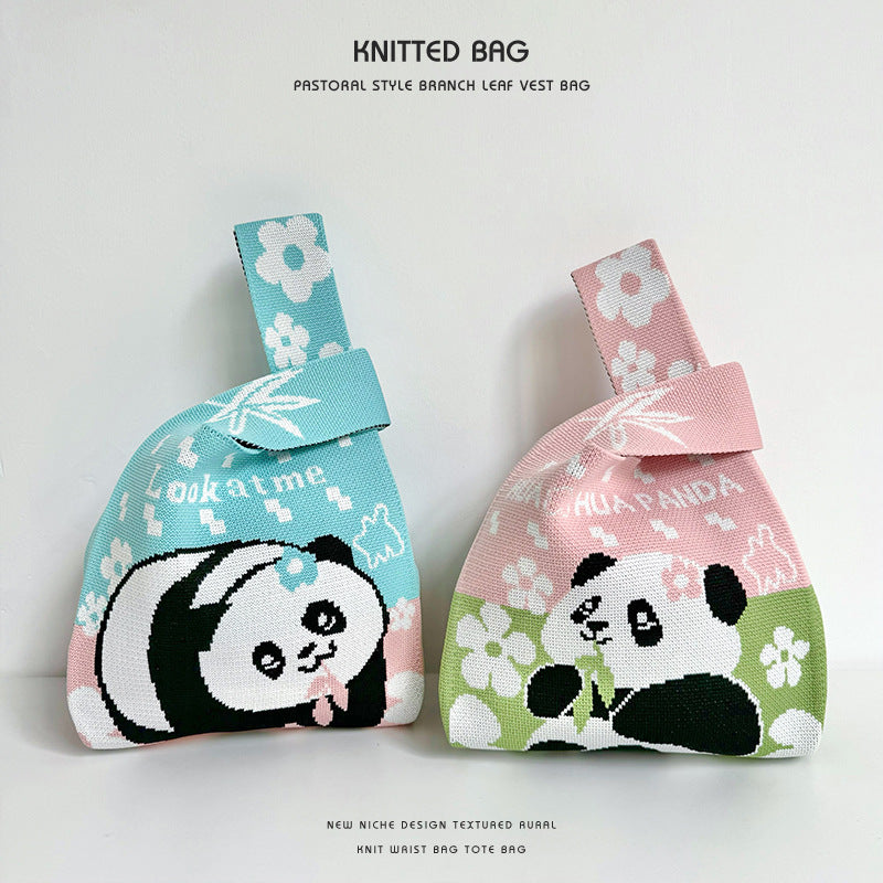 Panda wrist bag handbag cute panda flower knitted bag