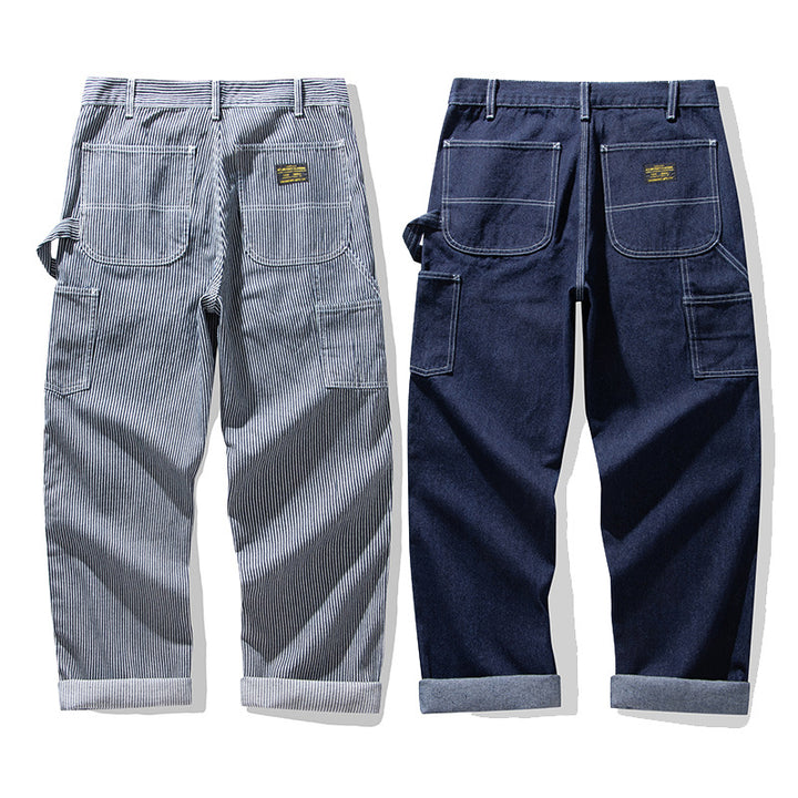 Men's Retro Casual Railway Worker Pocket Striped Cargo Outdoor Work Pants