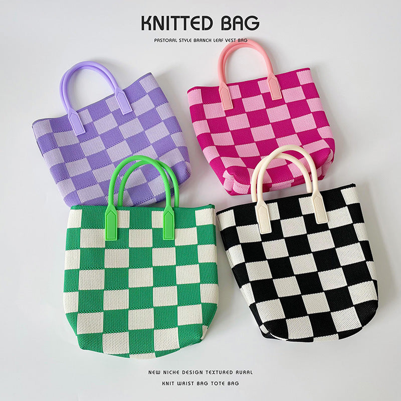 Black and white checkerboard knit tote