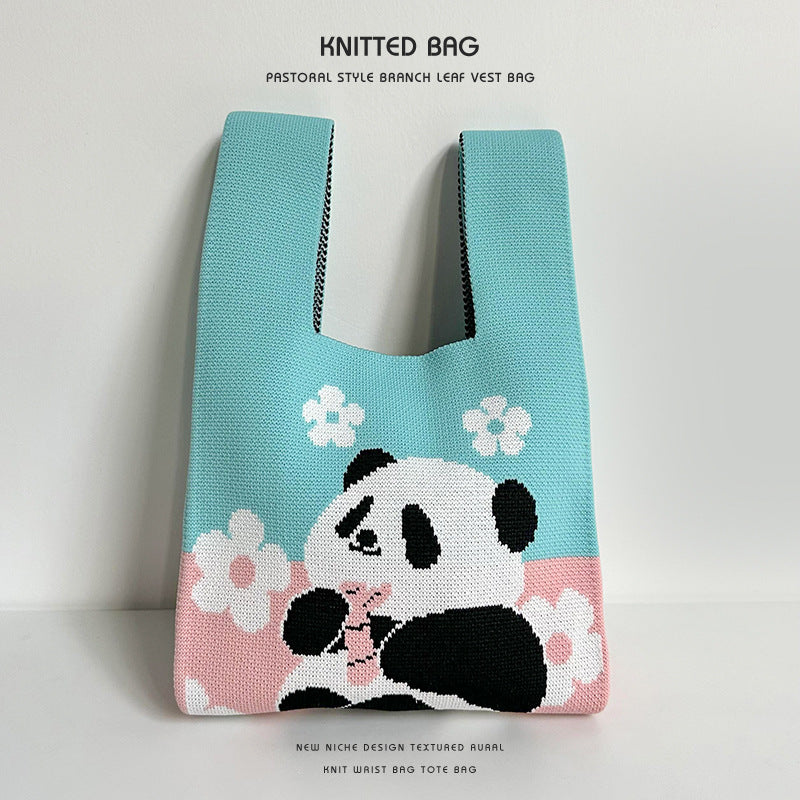 Panda wrist bag handbag cute panda flower knitted bag