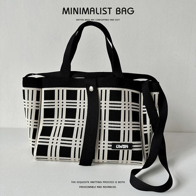 Black and white diamond knitted tote bag