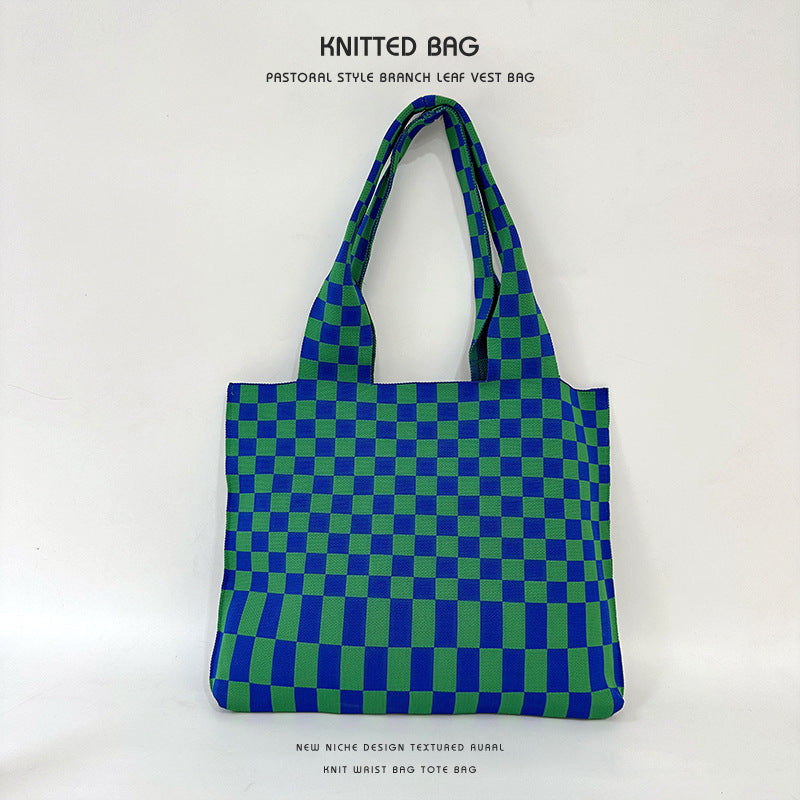 Checkerboard knitted tote bag