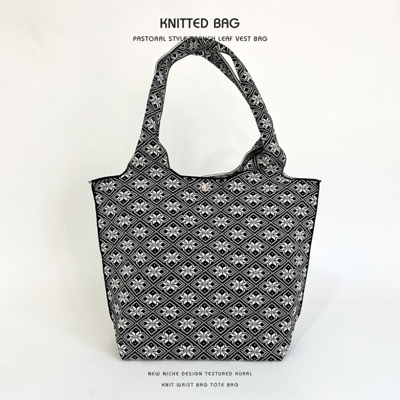 Vintage Pattern Knit Shoulder Tote