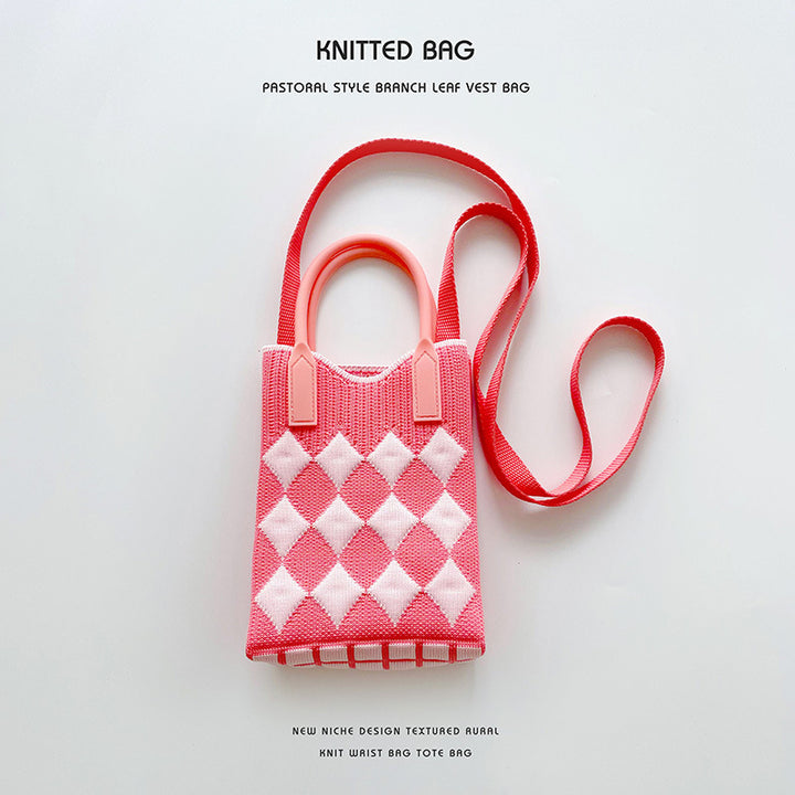 Pink Heart Shape Mini Phone Bag Knit Tote