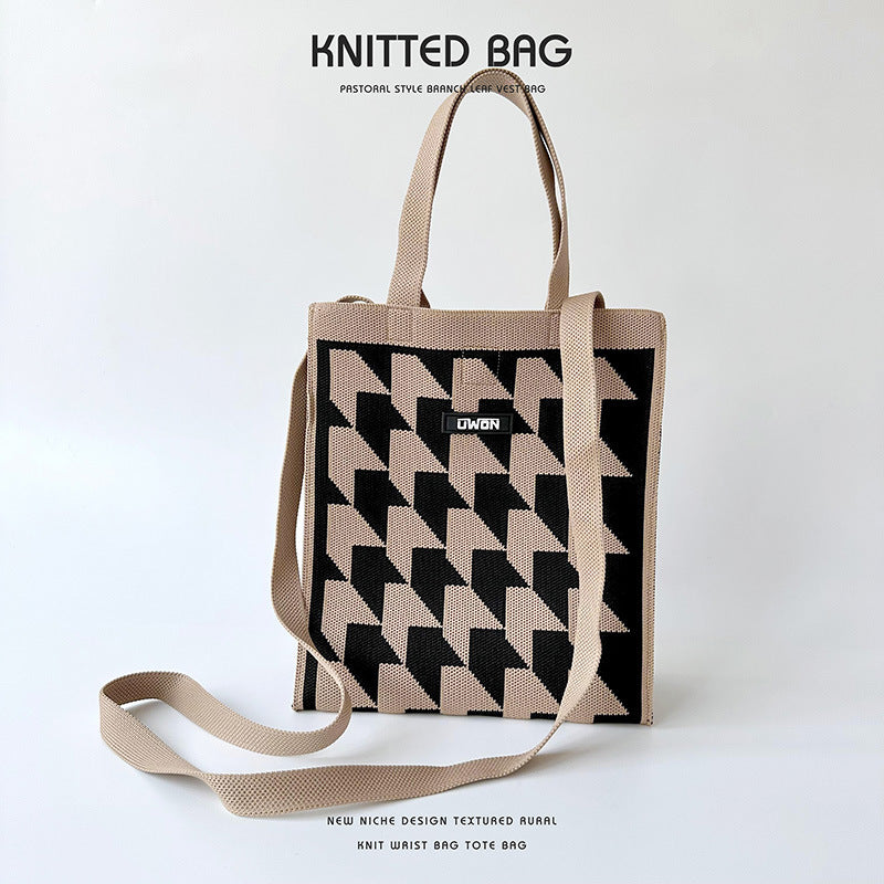 Black and white houndstooth knit tote