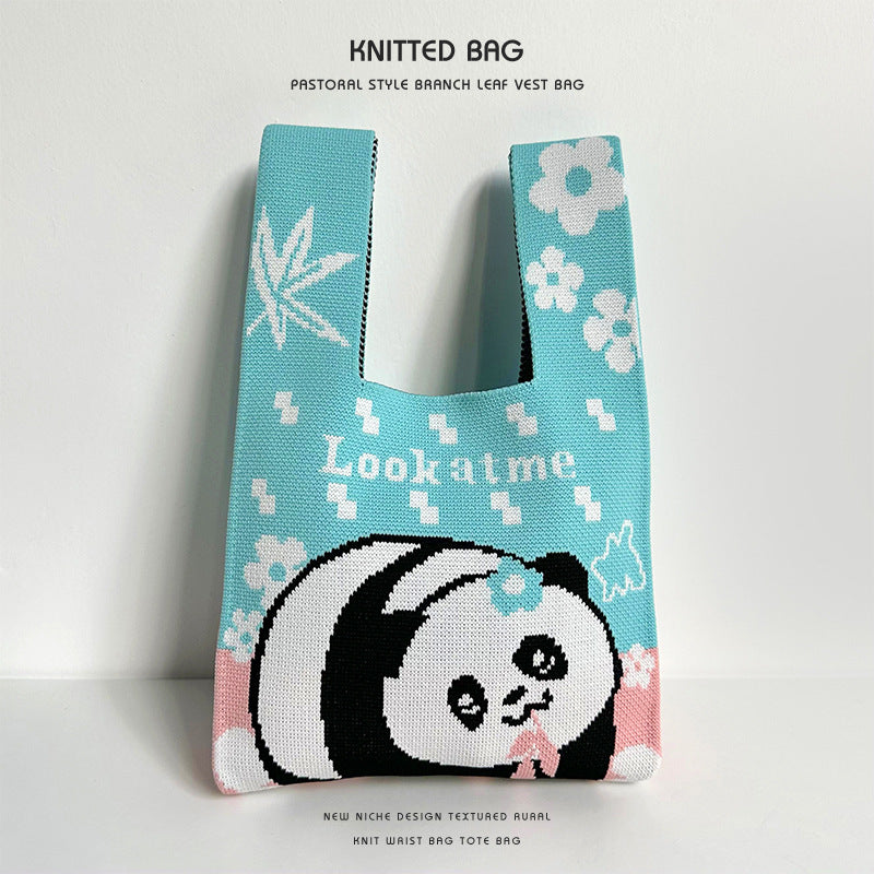 Panda wrist bag handbag cute panda flower knitted bag