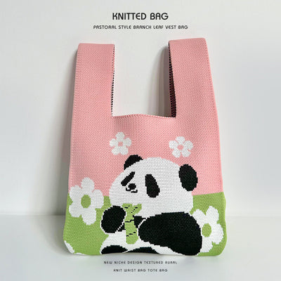 Panda wrist bag handbag cute panda flower knitted bag