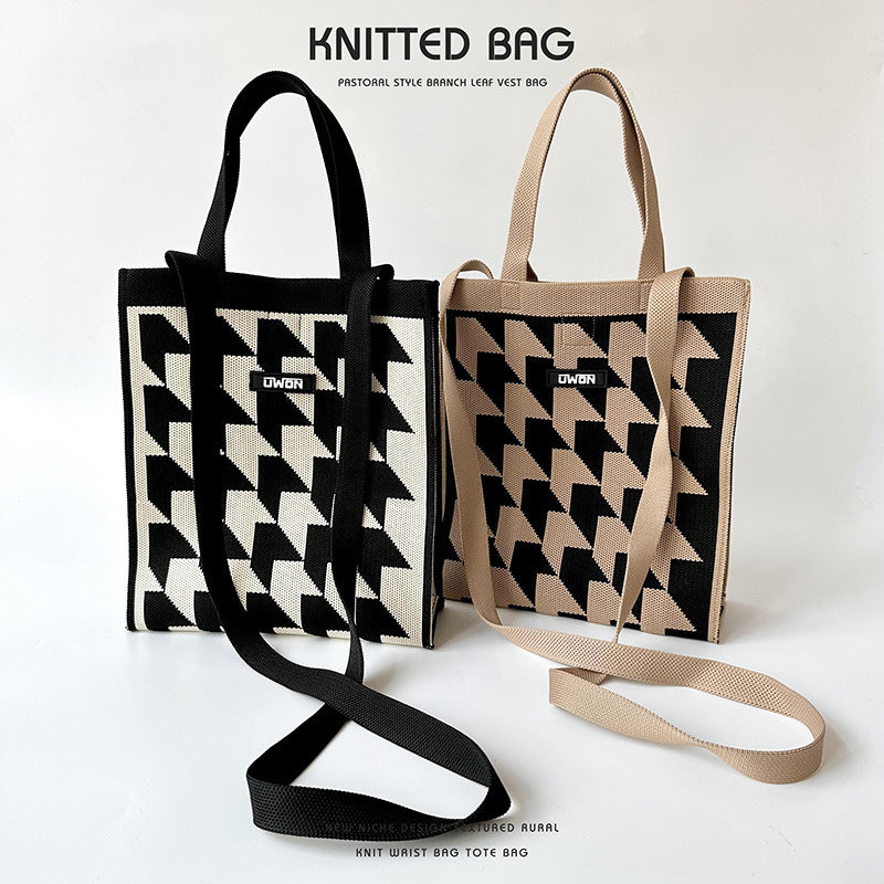 Black and white houndstooth knit tote