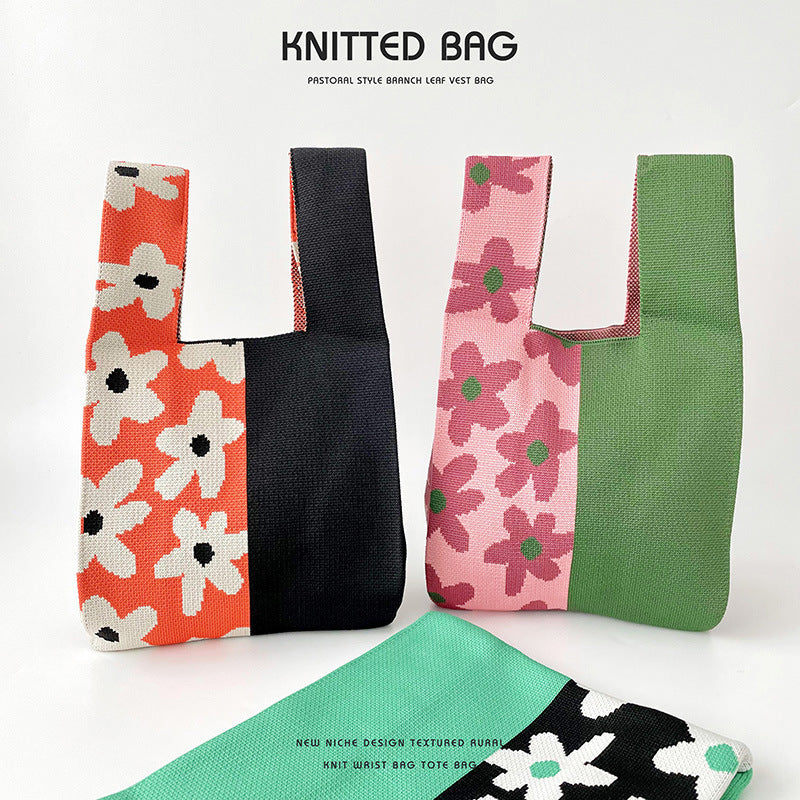 Colorblock Floral Knitted Tote Bag