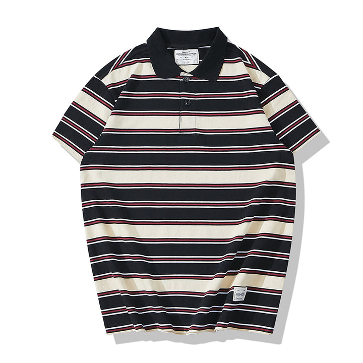 Men's Casual Retro Lapel Thick Striped Short Sleeve POLO Shirt