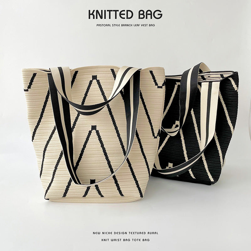 Corrugated double-face knitted shoulder bag handbag knitted bag