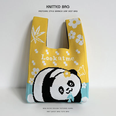 Panda wrist bag handbag cute panda flower knitted bag