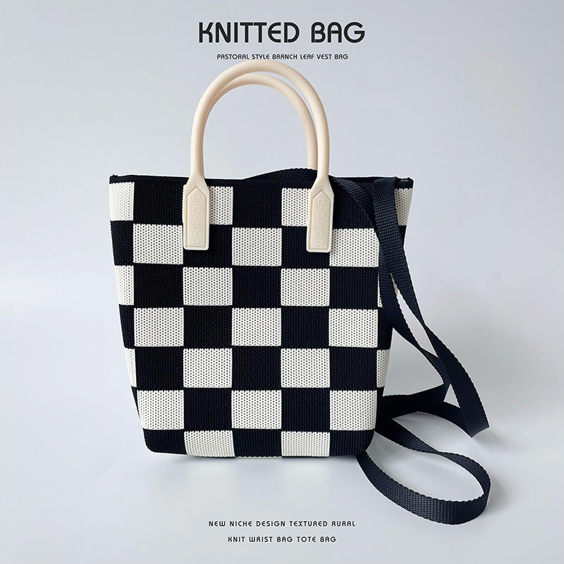 Black and white checkerboard knit tote