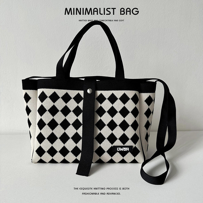 Black and white diamond knitted tote bag