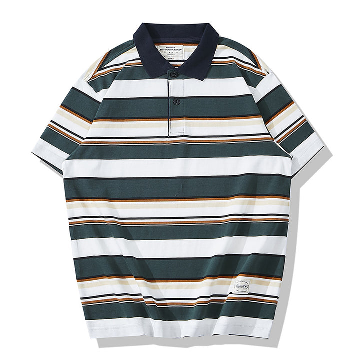 Men's Casual Retro Lapel Thick Striped Short Sleeve POLO Shirt