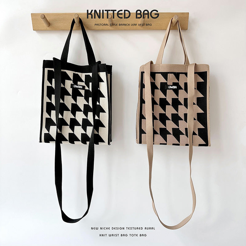 Black and white houndstooth knit tote