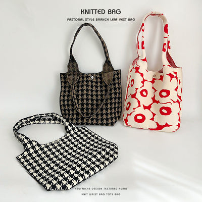 Vintage Pattern Knit Shoulder Tote